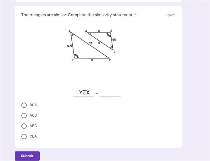 The triangles are similar. Complete the similarity statement-example-1