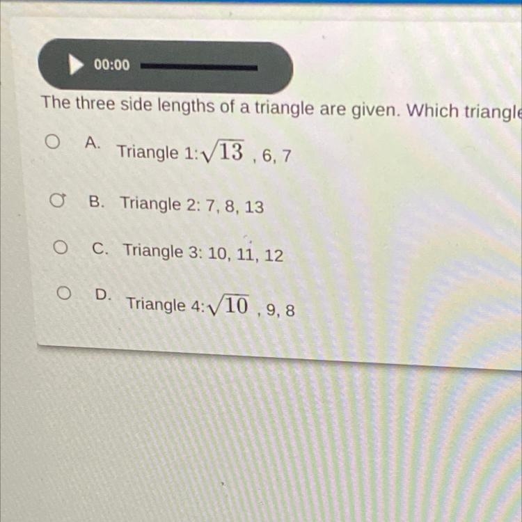 The three side lengths of a triangle are given. Which triangle is a right triangle-example-1