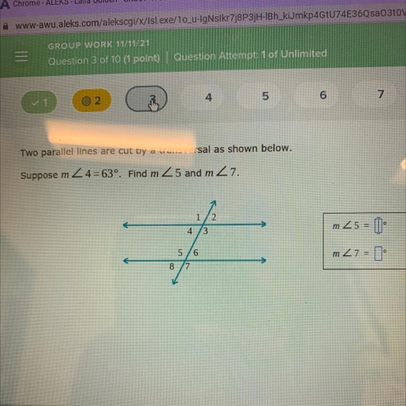 Two parallel lines are cut by a transversal line as shown below suppose m<4=63 m-example-1