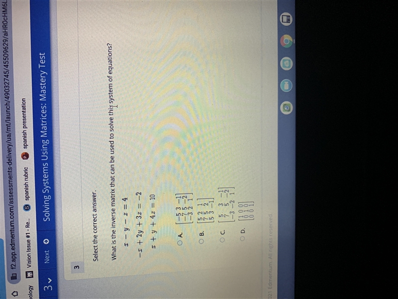 What is the inverse matrix that can be used to solve this systems of equations-example-1