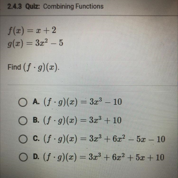 F(x)+x+2 g(x)=3x^2-5 Find (f•g) (x).-example-1