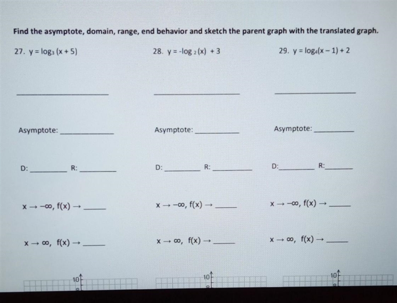 find the asymptotes, domain, range and end behavior and sketch the parent graph with-example-1