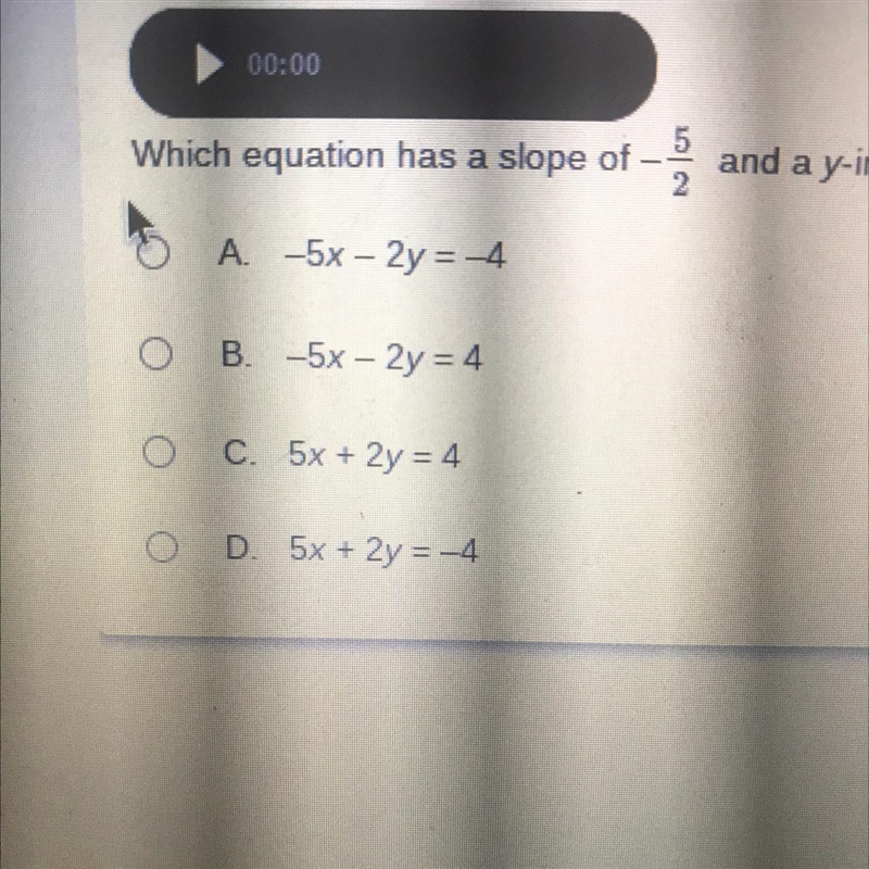 Which equation has a slope of -5/2 and a y-intercept of -2-example-1