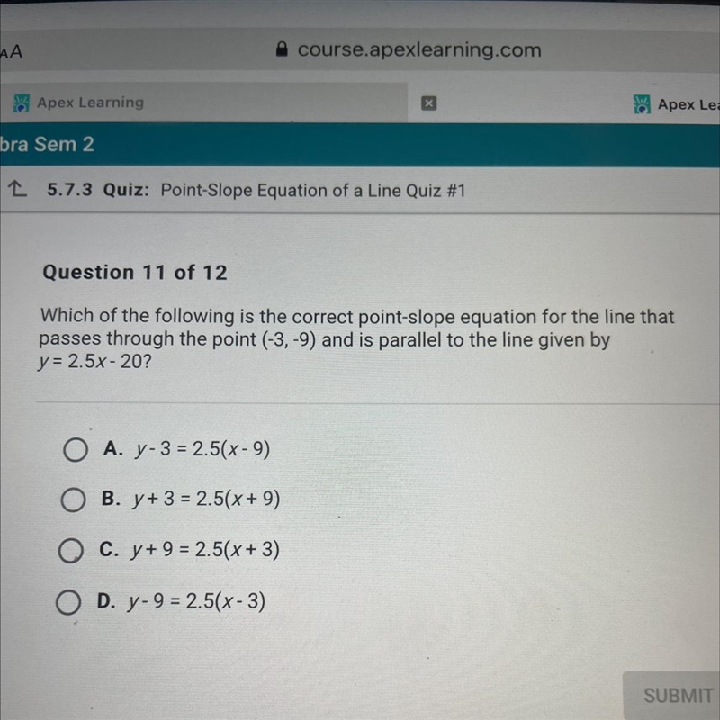 Which of the following is the correct point-slope equation for the line that passes-example-1