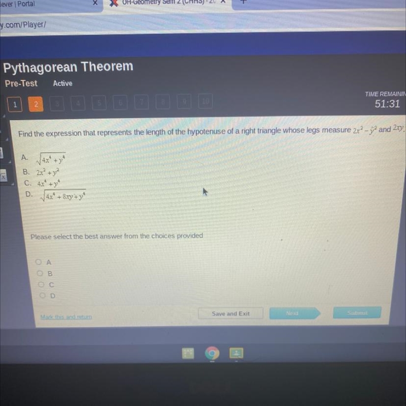 Find the expression that represents the length of the hypotenuse of a right triangle-example-1