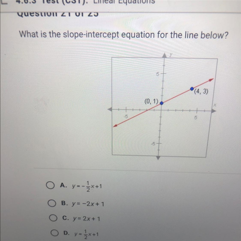 What is the slope-intercept equation for the line below? (4, 3) (0, 1),-example-1