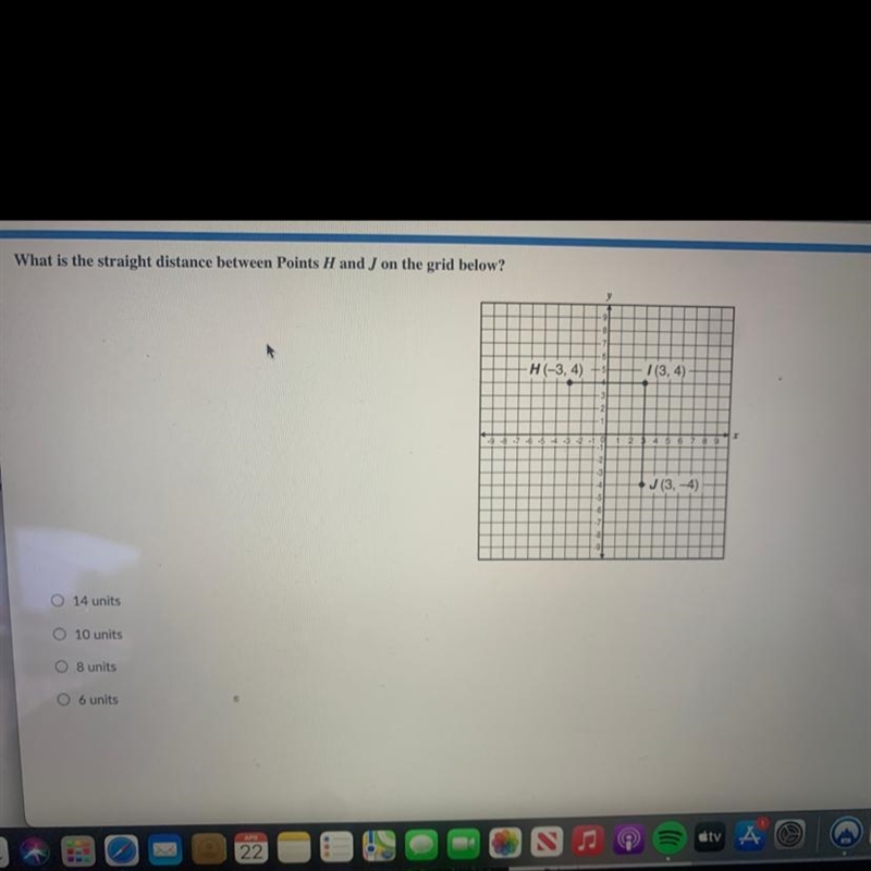 What is the straight distance between point h and j on the grid below-example-1