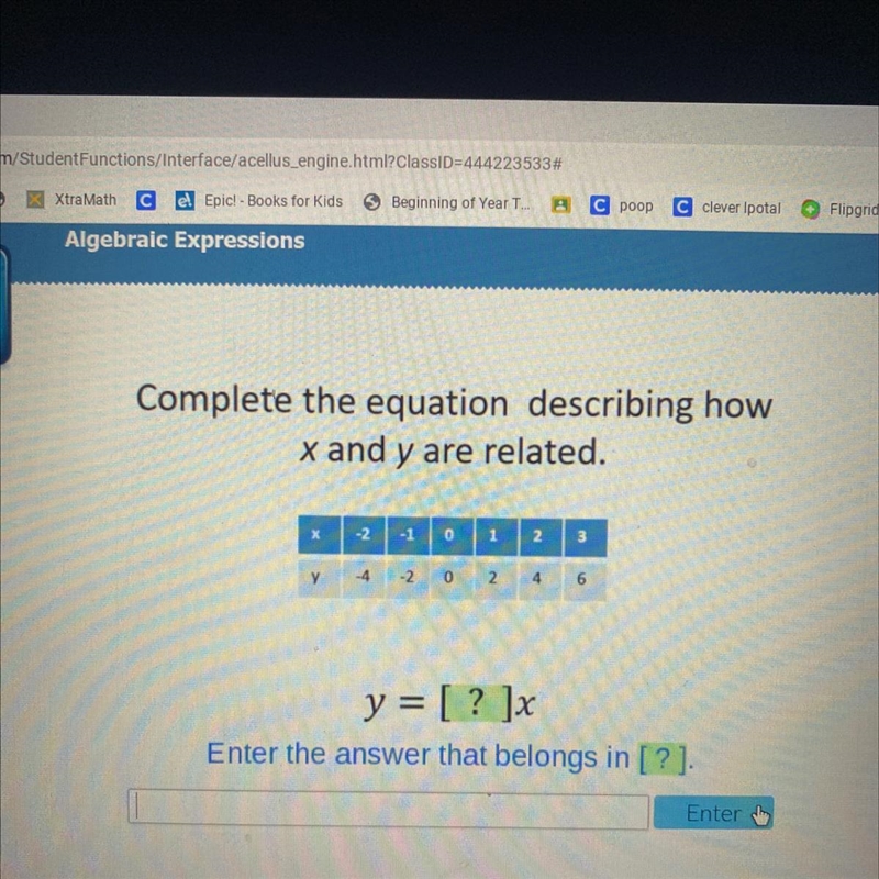 Complete the equation describing how x and y are related.-example-1