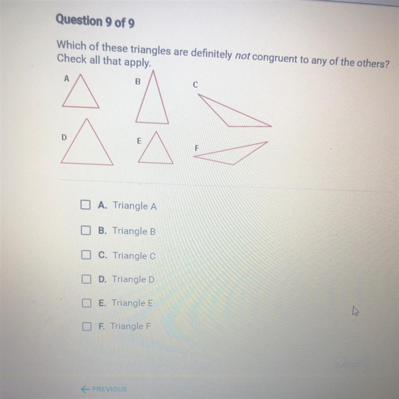 Which of these triangles are definitely not congruent to any of the others? Check-example-1