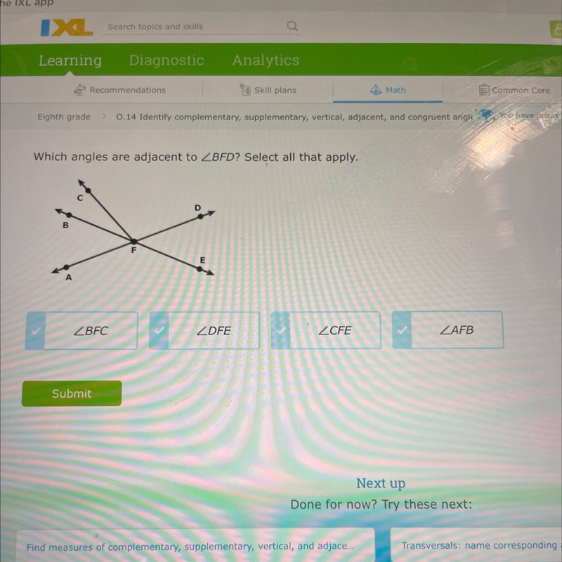 Which angles are adjacent to BFD? Select all that apply.-example-1