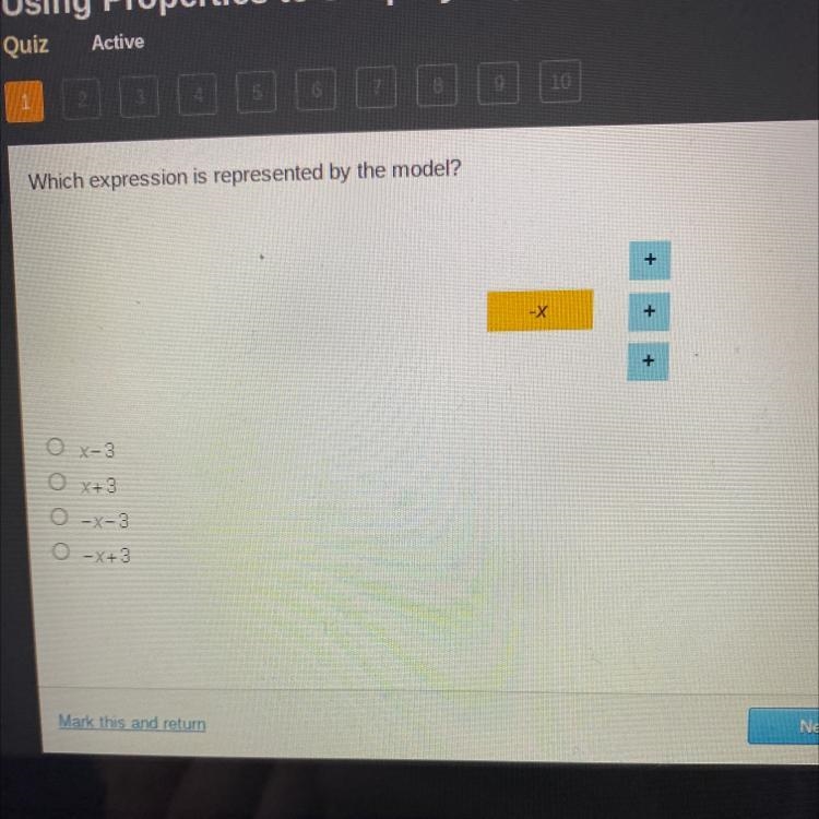 Which expression is represented by the model? + -X + + OX-3 OX+ 3 O-X-3 O-X+3-example-1