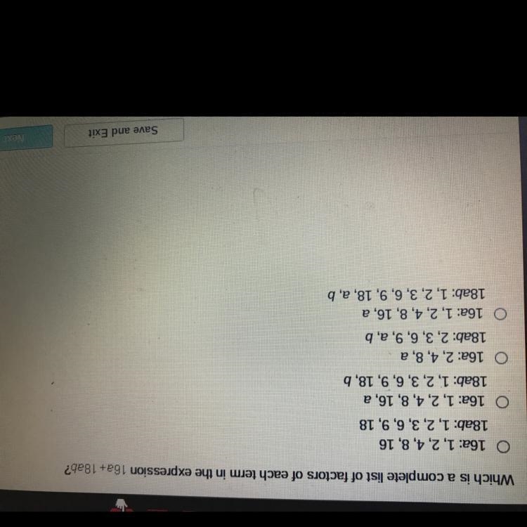 What is a complete list of factors of each term in the expression 16a+18ab-example-1