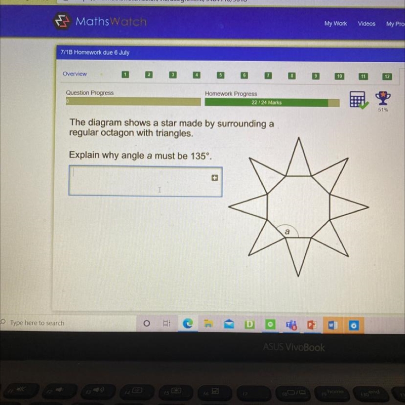 22/24 Marks 51% The diagram shows a star made by surrounding a regular octagon with-example-1