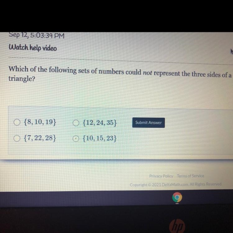 Which of the following sets of numbers could not represent the three sides of a triangle-example-1