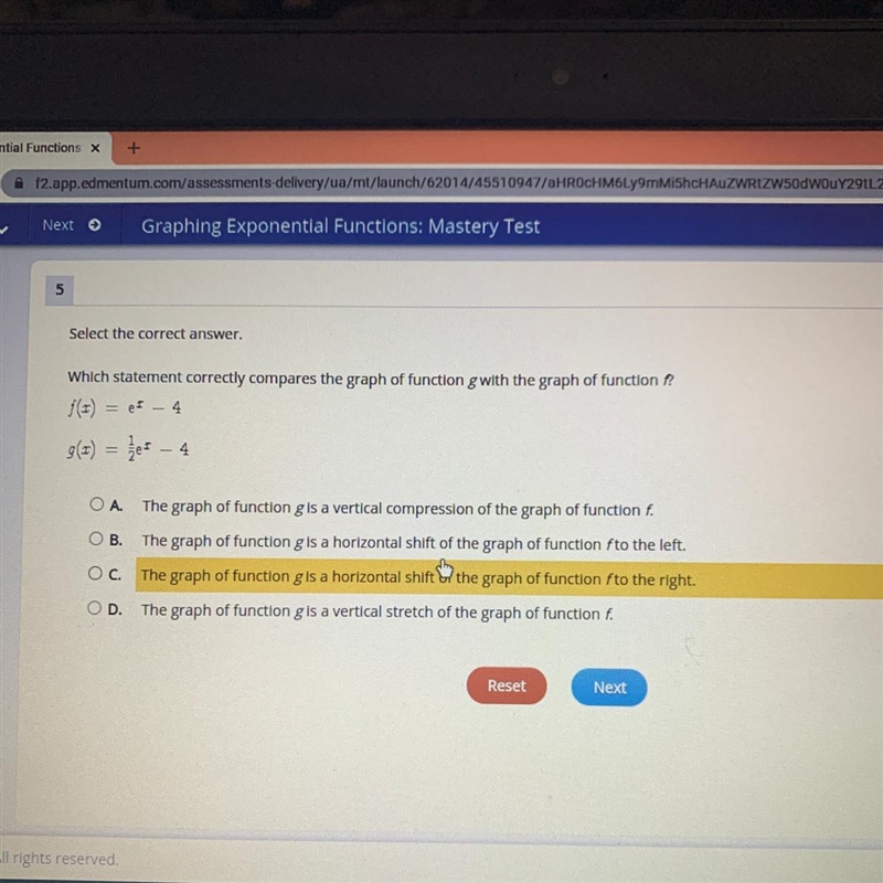 Which statement correctly compares the graph of function g with the graph of function-example-1