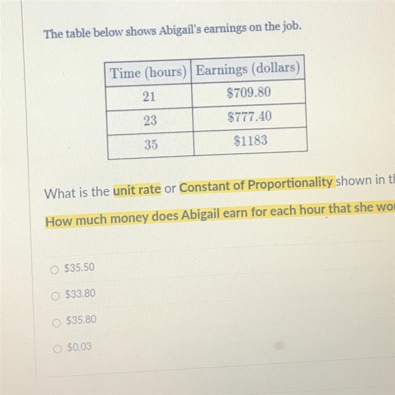 The table below shows Abigail's earnings on the job. 1 pts Time (hours) Earnings (dollars-example-1