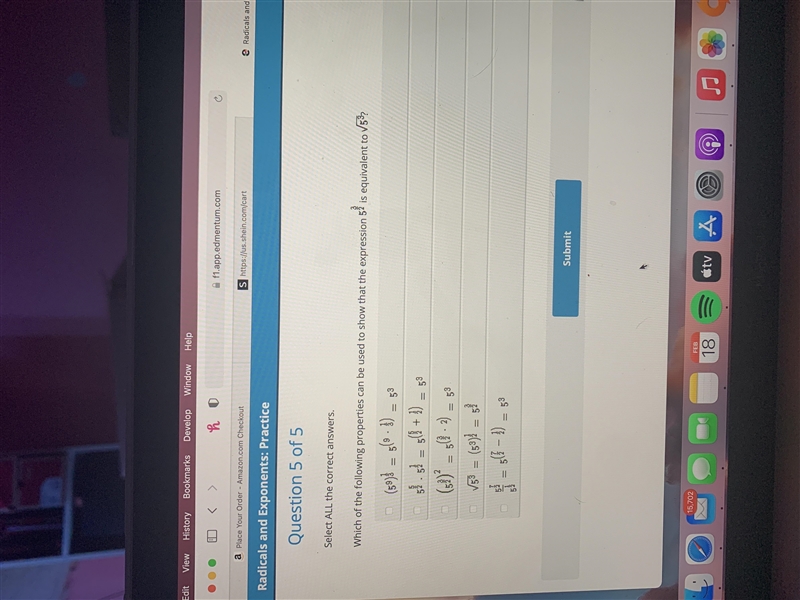 Which of the following expressions can be used to show 5^3/2 is equivalent to radical-example-1