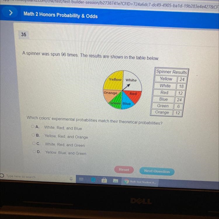 A spinner was spun 96 times. The results are shown in the table below. Yellow White-example-1