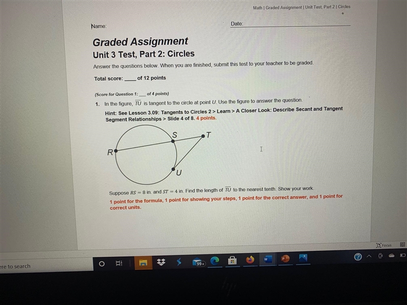 In the figure TU is tangent to the circle at the U point. See below-example-1