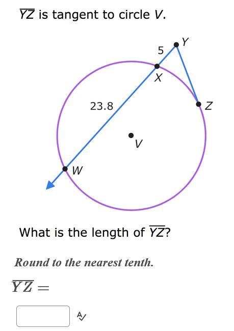 YZ is tangent to circle V. What is the length of YZ? 5 23.8-example-1