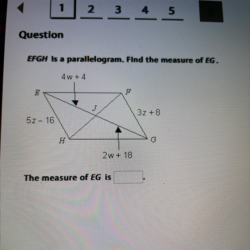 EFGH is a parallelogram. Find the measure of EG.-example-1