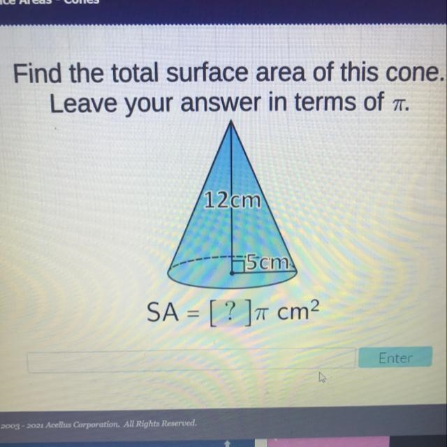 Find the total surface area of this cone. Leave your answer in terms of pi 12cm 55cm-example-1