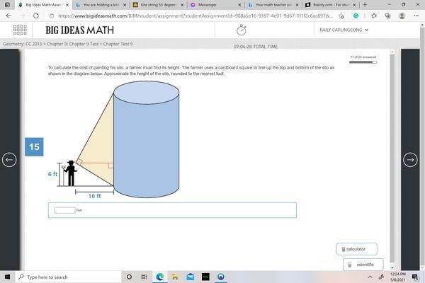 To calculate the cost of painting his silo, a farmer must find its height. The farmer-example-1