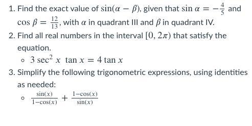 1. Find the exact value of sin( a−B), given that sin a=−4/5 and cos B=12/13, with-example-1