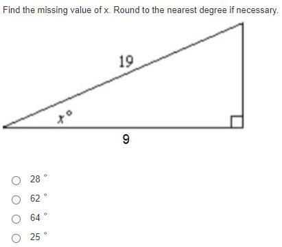 Find the missing value of x. Round to the nearest degree if necessary. 28 ° 62 ° 64 ° 25-example-1