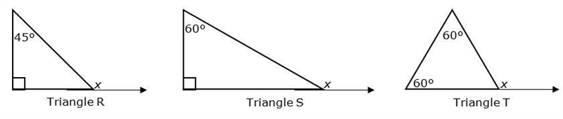 Three triangles are shown. The measure of the exterior angle shown is represented-example-1