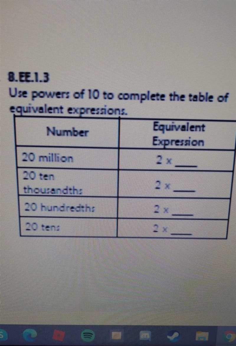 Use powers of 10 to complete the table of equivalent expressions.​-example-1