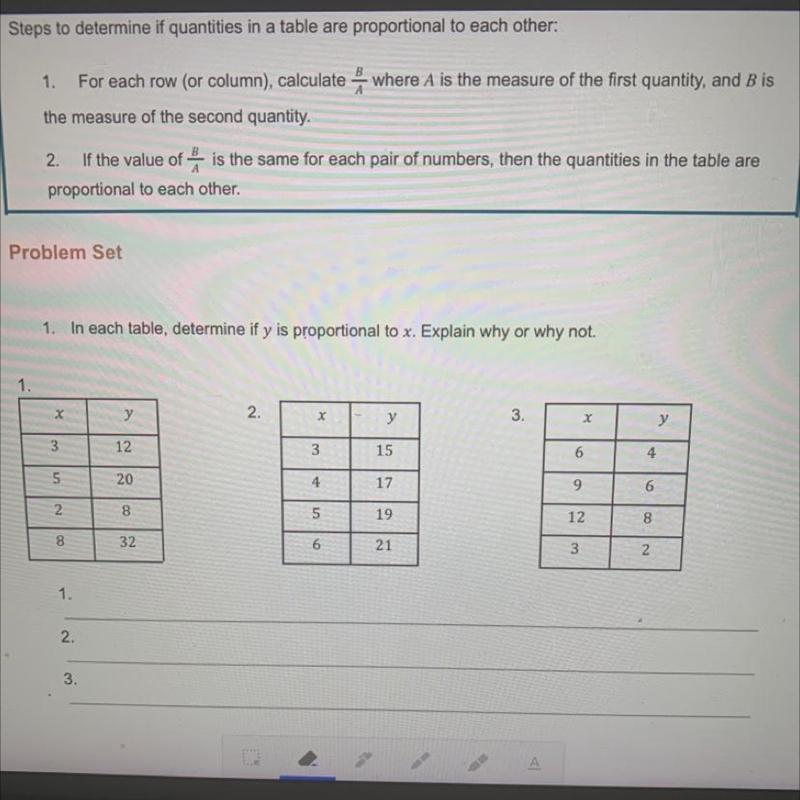 1. In each table, determine if y is proportional to x. Explain why or why not. 1. x-example-1