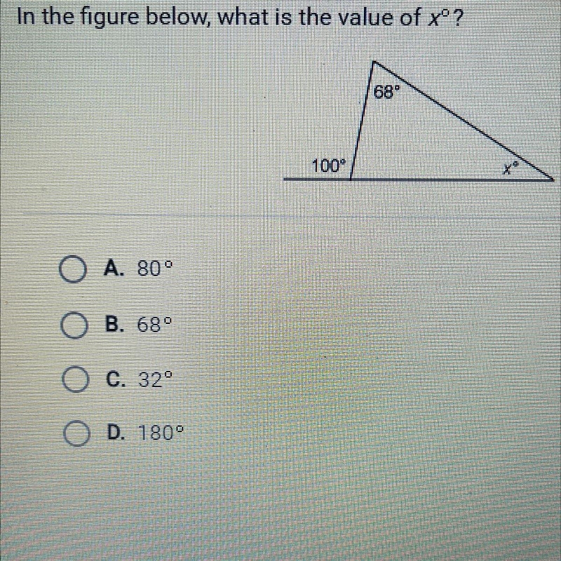 In the figure below, what is the value of xº? 68 100° A. 800 B. 689 C. 32° D. 180°-example-1