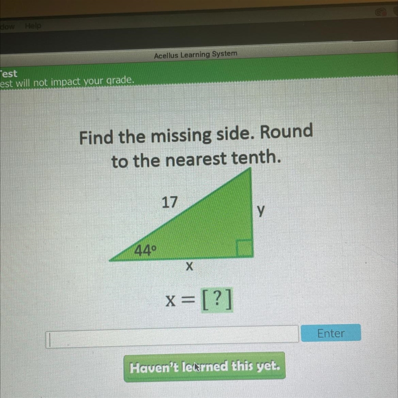 This test will not impact your grade. Exam 5 Shot 1.38 Find the missing side. Round-example-1