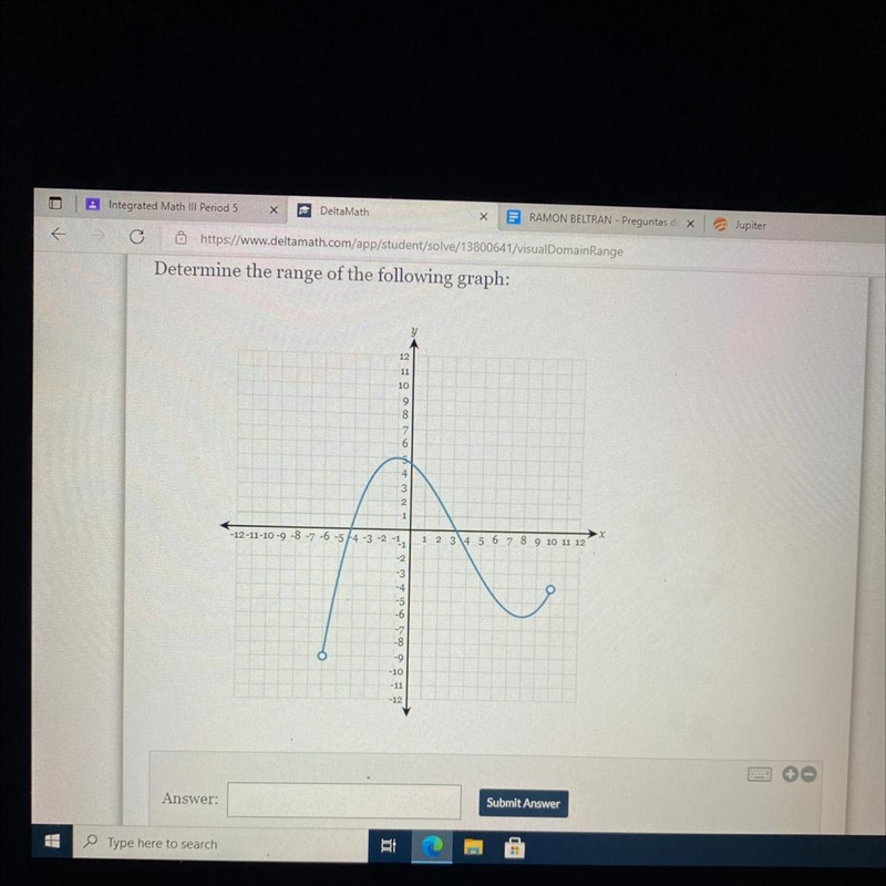 Determine the range of the following graph: 12 11 10 9 8 100 1 -12-11-10-9-8-7-6-574-3-2-4 1 2 3 4 5 6 7 8 9 10 11 12 -2 -3 - 4 -5 -6 -8 -9 -10 -11 -12-example-1