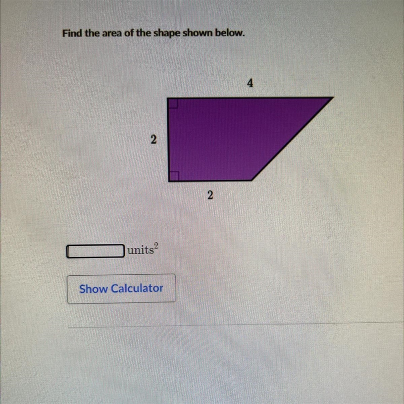 Find the area of the shape shown below-example-1