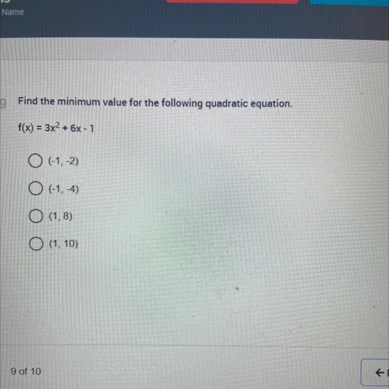 Find the minimum value for the following quadratic equation. f(x) = 3x2 + 6x-1-example-1