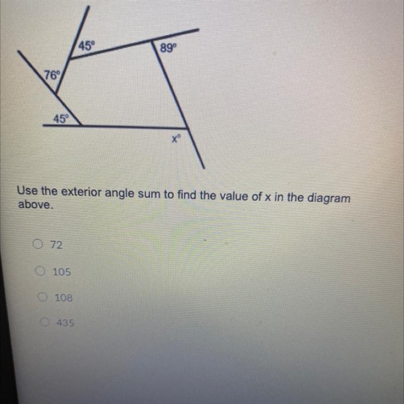 45 899 769 459 X? Use the exterior angle sum to find the value of x in the diagram-example-1