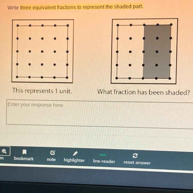 What are three equivalent fractions to represent the shaded part?-example-1