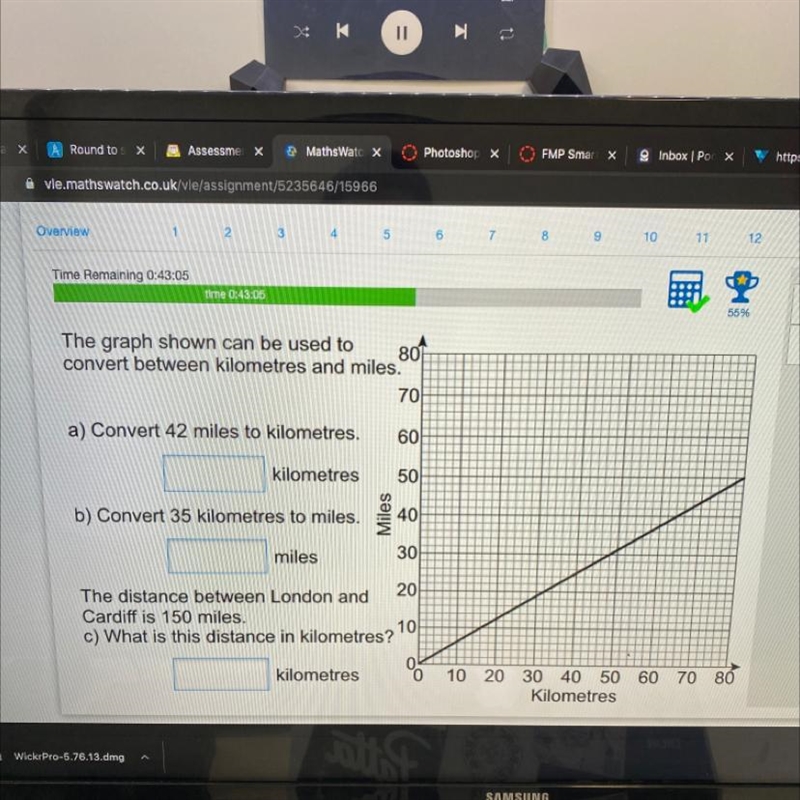 The graph shown can be used to convert between kilometres and miles.-example-1