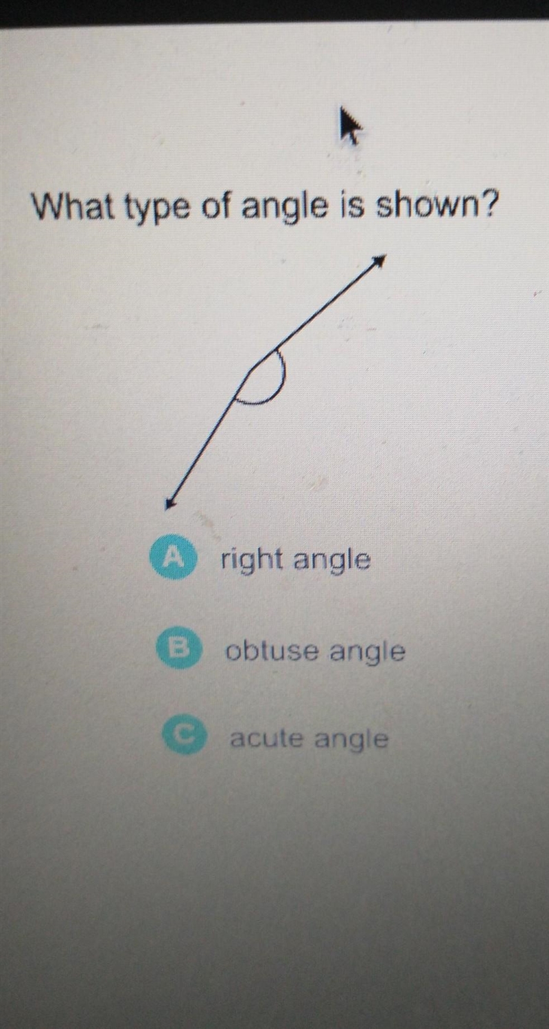 What type of angle is shown? A right angle obtuse angle acute angle Next​-example-1