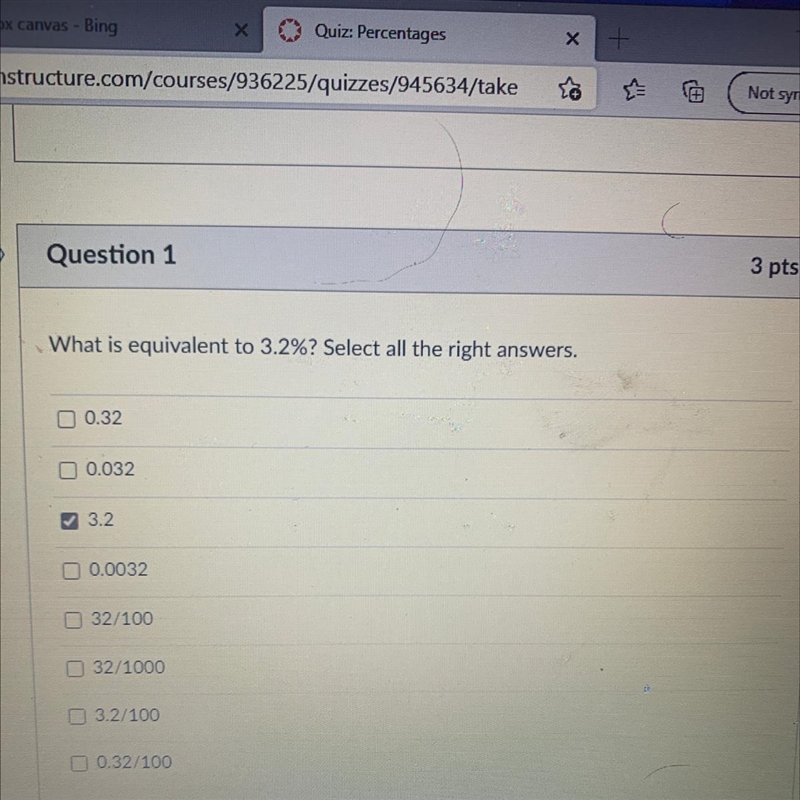 What is equivalent to 3.2%? Select all the right answers.-example-1