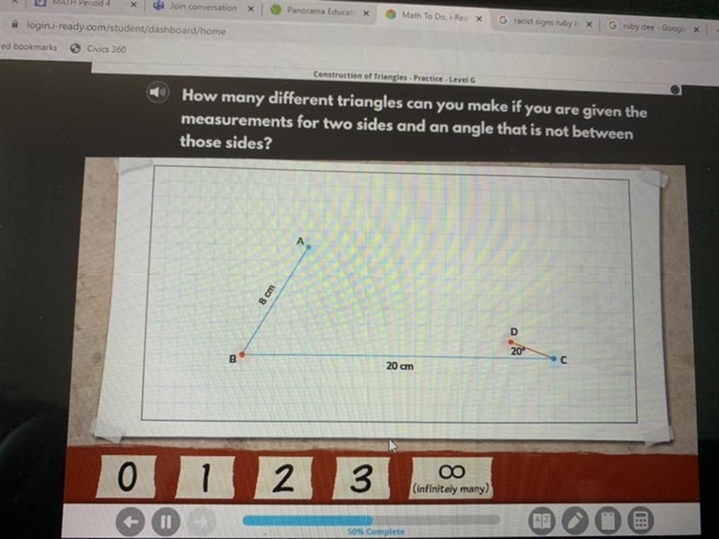 How many different triangle can you make if you are given the measurements for two-example-1