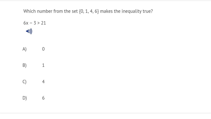 Which number from the set {0, 1, 4, 6} makes the inequality true ? 6x - 3 > 21-example-1