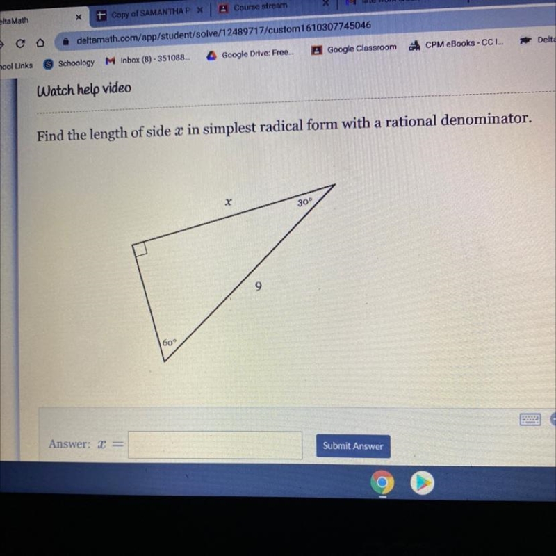 Find the length of side x in simplest radical form with a rational denominator. Answer-example-1