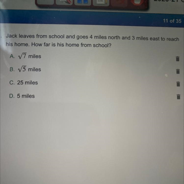 Jack leaves from school and goes 4 miles north and 3 miles east to reach his home-example-1