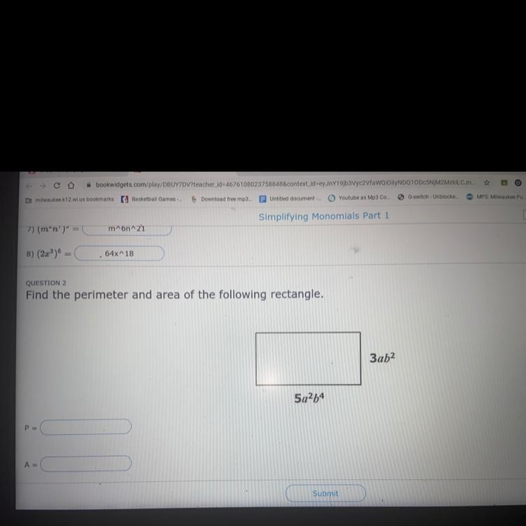 Find the perimeter and area of following rectangle-example-1