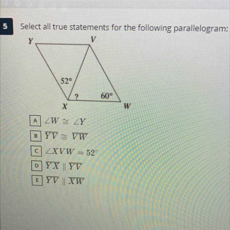 Select all true statements for the following parallelogram.-example-1