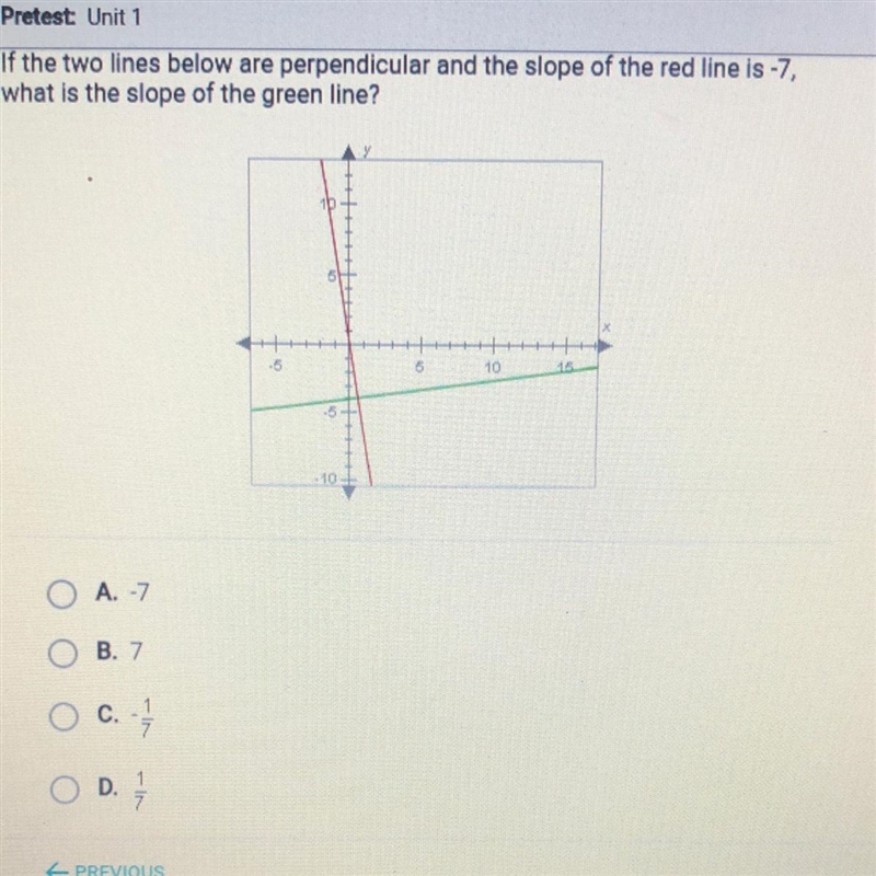 If the two lines below are perpendicular and the slope of the red line is -7, what-example-1