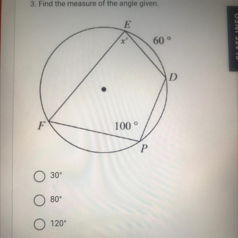 3. Find the measure of the angle given. E 60° D F 100 P 30° 80° 120° 50°-example-1